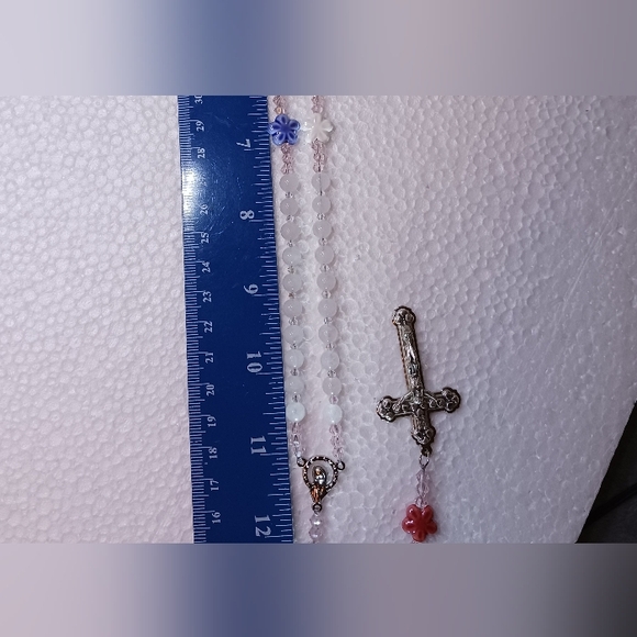 New, Beaded Necklace-Style White Jade Rosary with crystals & ceramic flower bead - Picture 5 of 5